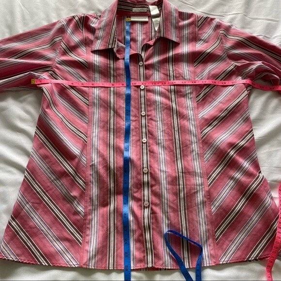 Liz Claiborne No Iron Purple Pink Stripe Button Front Long Sleeve Top SZ 14 - Picture 8 of 8